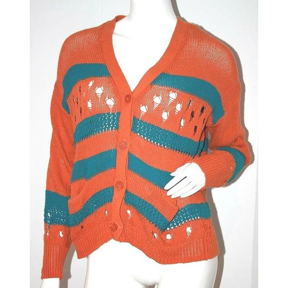 MINE Knit SWEATER Orange Aqua STRIPED Cardigan TOP Shirt Cotton ( M ) - Picture 1 of 1